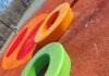 abstract view of brightly-colored playground equipment