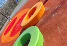 abstract view of brightly-colored playground equipment