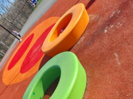 abstract view of brightly-colored playground equipment