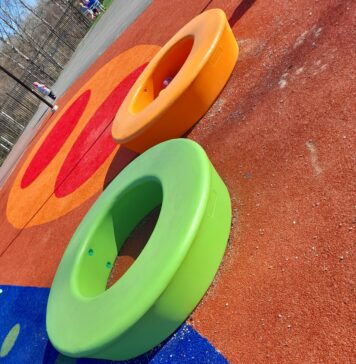 abstract view of brightly-colored playground equipment