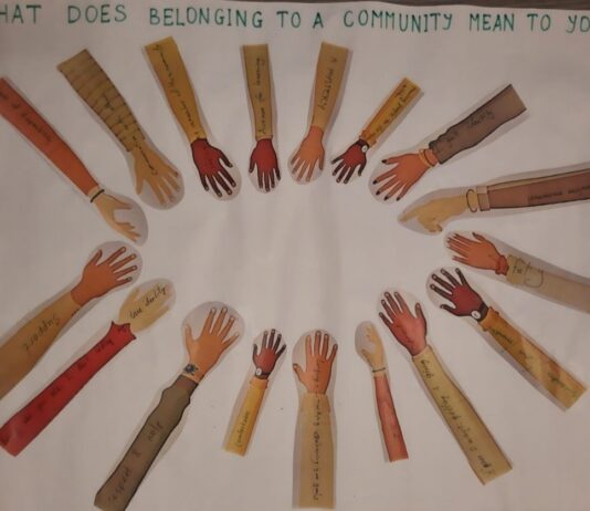 Letting Go of Control: Reflexive Moments in Arts-Based Migration Research arms in a circle with text that reads "What does belonging to a community mean to you?"